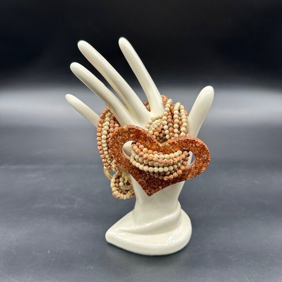 Vintage Stone Beaded Choker Necklace Heart Pendant Natural Earth Tone Southwest - Picture 2 of 9